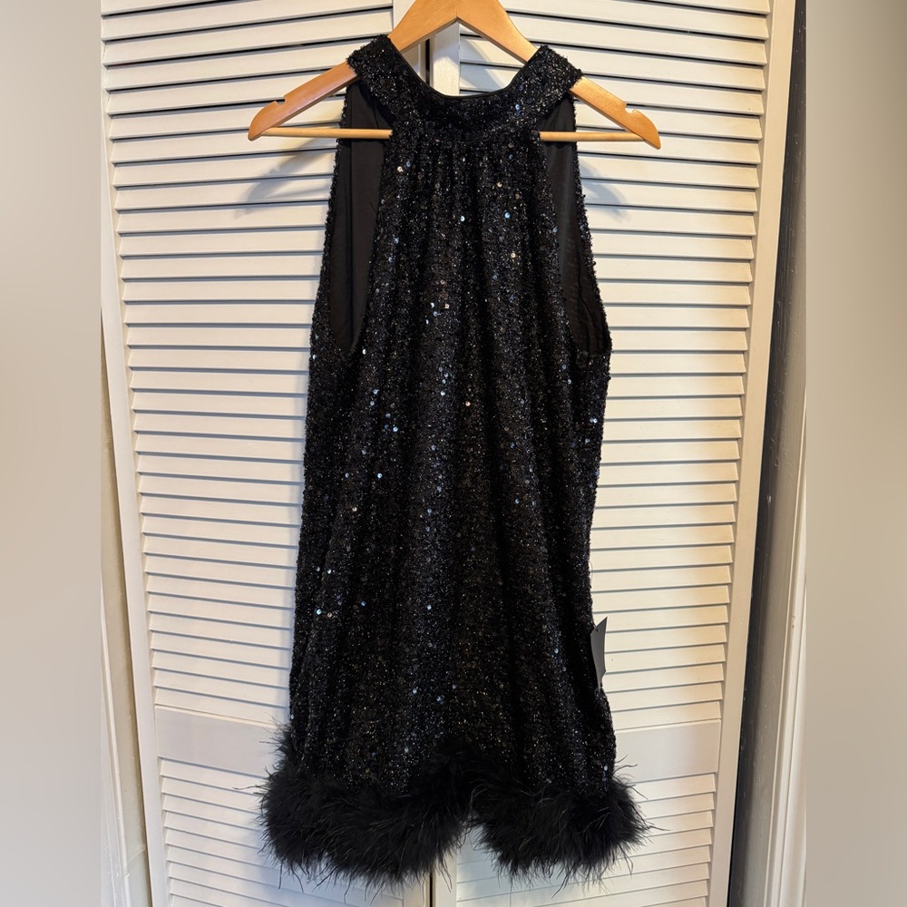 NWT Magnetic Darling Shiny Black Sequin Feather Shift Mini Dress (Lulus)